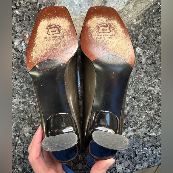 Stuart Weitzman Metallic Gold Bronze Dressy Heels Pumps Shoes Square Toe Size 8 - Picture 13 of 15